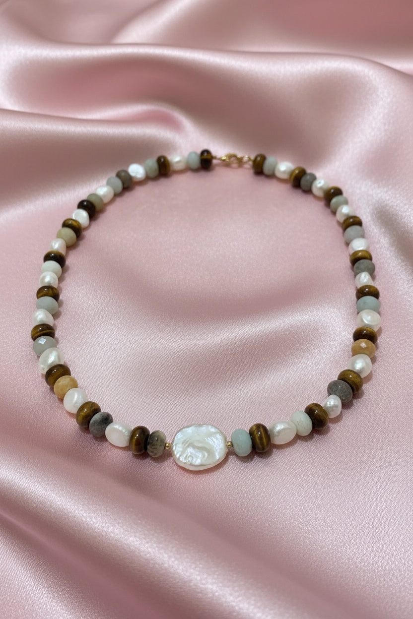 Collar Piedras Amazonita y Ojo de Tigre con Perlas de Río