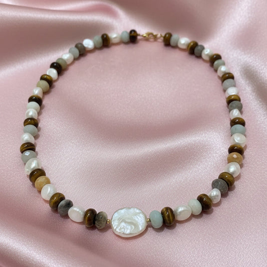 Collar Piedras Amazonita y Ojo de Tigre con Perlas de Río