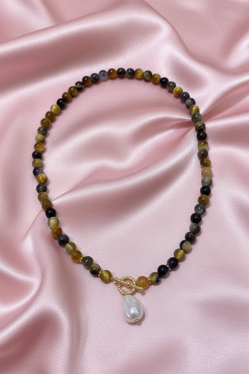 Collar Piedras Ojo de Tigre con Perla