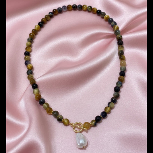 Collar Piedras Ojo de Tigre con Perla