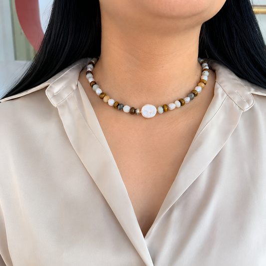 Collar Piedras Amazonita y Ojo de Tigre con Perlas de Río