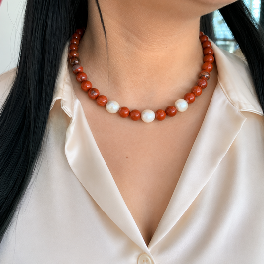 Collar con piedras Jaspe Rojo y Perlas