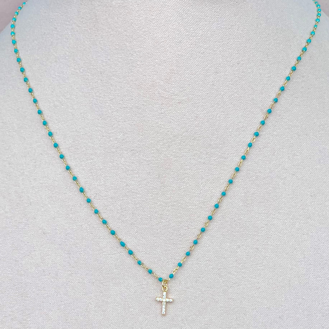 Collar Cruz Bolitas Turquesa